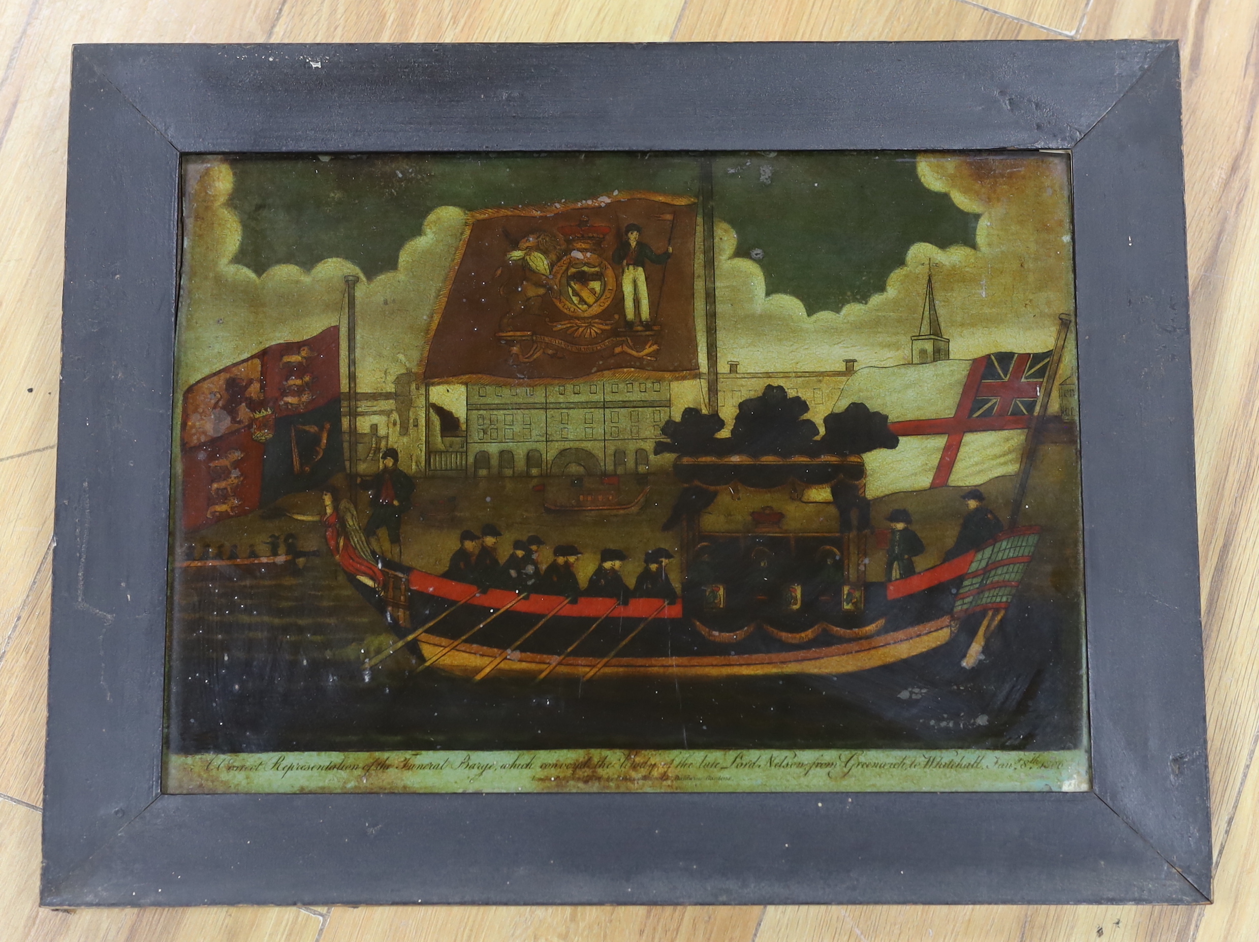 A 19th century commemorative reverse glass print, Lord Nelson's funeral barge from Greenwich to Whitehall, 26 x 36cm